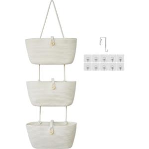 TeoKJ Over the Door Hanging Baskets with Wooden Button, 3-Tier Wall-Mounted Decorative Nursery Kitchen Baskets, White