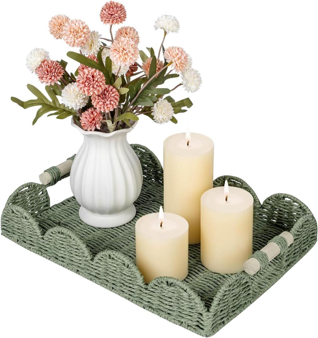 CubesLand Rectangular Scalloped Decorative Centerpiece Tray for Coffee Table, Home Decor, Living Room - Green Tray w/Wooden Handle  Warm and Elegant for Holidays, Housewarmings - Candle Plate Holder (15.7" x 11.4" x 2.8")