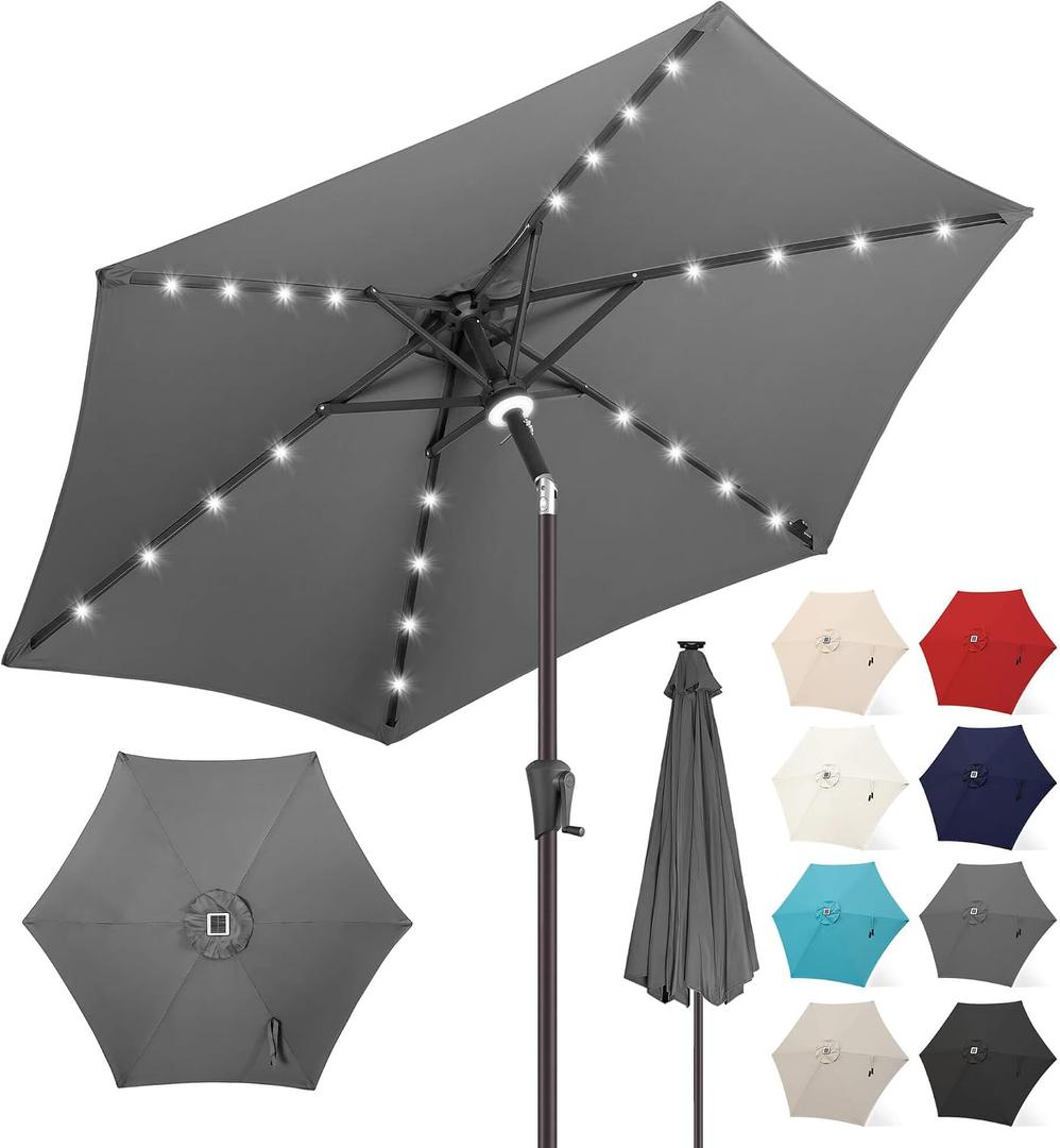 FLAME&SHADE 10ft Solar Outdoor Umbrella - 24 LED Lighted Patio Umbrella with Centre Surround Light, Table Umbrellas with Tilt & Crank for Pool, Porch, Garden, Deck, Backyard UV Protection (Anthracite)