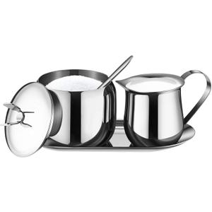Creamer and Sugar Bowl Set Stainless Steel Latte Milk Cup Cream Jug and Sugar Bowl with Lid Spoon Tray for Coffee Serving Set Frothing Milk