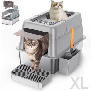 Stainless Steel Litter Box with Lid, XL Extra Large Enclosed Cat Litter Box for Big Cats 110 Flip Cover, Top Entry Metal High Sided Cat Box & Pedal & Scoop, Anti-Leakage (Grey)