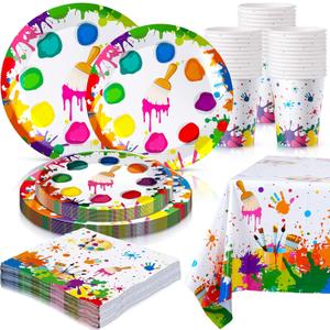 122 Pcs Art Paint Party Decorations Sip and Art Party Supplies, Artist Paint Plates Napkins Cups Plastic Tablecloth Artist Tableware Serves 24 Guests for Birthday