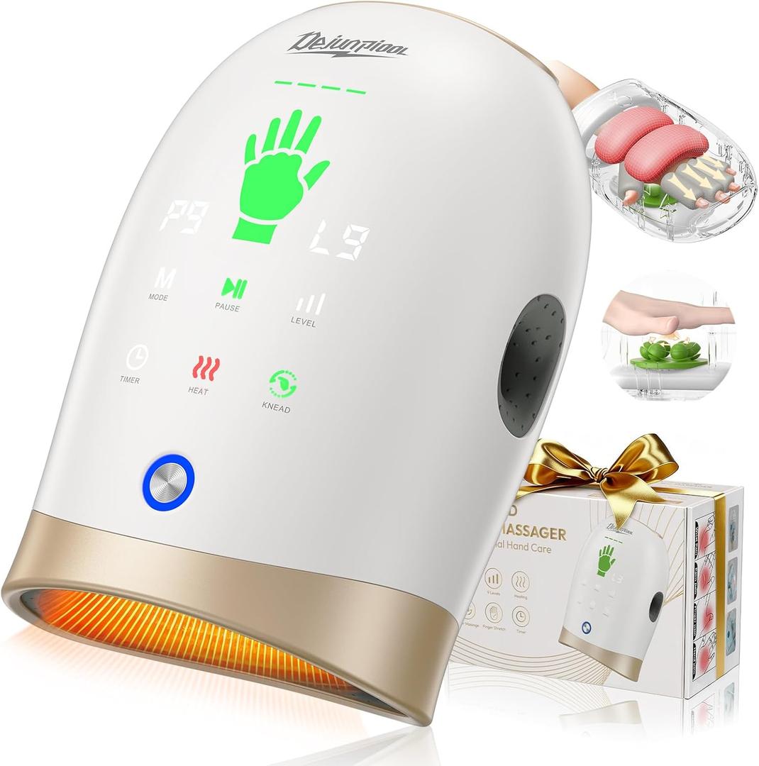 Hand Massager with Heat and Compression, Finger Stretch & Palm Kneading, 9 Modes & 9 Intensities - Cordless Wrist Hand Massage for Arthritis & Carpal Tunnel Relief, Gifts for Mom Dad Women Travel