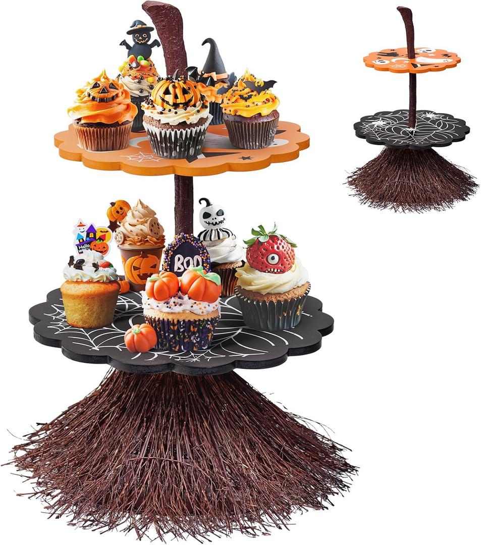 antiai 2 Tier Halloween Cupcake Stand Wooden Cake Dessert Stand Party Supplies Food Tray Decorations Ghost Cupcake Holder for Halloween Party Display Serving Dishes