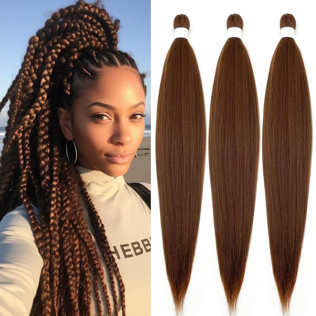 Braiding Hair Pre Stretched for Women Hair Extensions Box Braids Soft Synthetic Knotless Yaki Texture Hot Water Setting Braid Brown (26inch 3Packs)