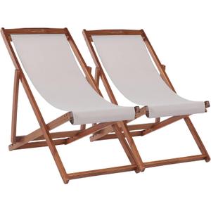Outdoor Wooden Patio Lounge Chair 2 Set Beach Sling Chair Set Height Portable Reclining Beach Chair Solid Wood Frame with White Polyester Canvas 3 Level,Grey
