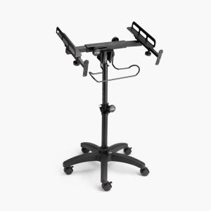 OnStage MIX-400 V2 Mobile Mixer Stand: Rolling platform for mixers, laptops, controllers. Height adjustable (28"-38"), rackmount compatible, headphone hanger. Portable, black finish.