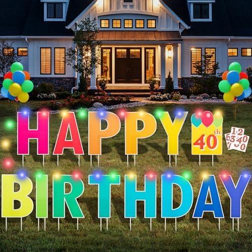 Happy Birthday Yard Sign with Stakes, Customizable Age Birthday Sign with 32.8 ft Colorful LED Lights, 20 Number Stickers & 20 Balloons, Versatile Indoor/Outdoor Decorations for Parties, Lawn & Garden