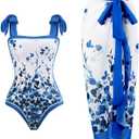 Women's One Piece Swimsuit with Beach Cover up Wrap Skirt Sarong Retro Floral Print Bikini Set Two Piece Bathing Suit (Medium, Dark Blue Floral)