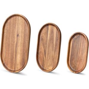 Set of 3 Wooden Tray Serving Platters Acacia Wood Serving Trays Home Decor Cheese Board Cake Plates Serving Dishes for Entertaining Kitchen Charcuterie Platter for Food Dish Dessert Snack Tray (Mixed Oval/3pcs)