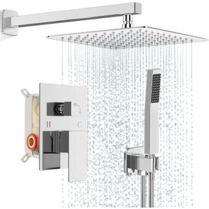 Shower Faucet Set Bathroom Square Rain Shower Head and Handle Set, Wall Mounted Shower Fixtures, Full Metal Trim Repair Kit 10 inch Polished Chrome (With Shower Valve)