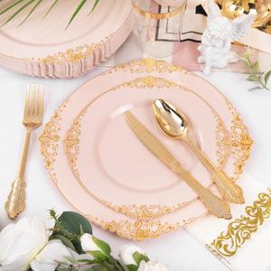 Pryntono 300pcs Gold Retro Dinnerware Sets Disposable, 50 Guests Heavy Duty Plastic Cutlery Sets, 100 Disposable Plates, 150 Silverware,  50 Napkins for Mother's Day, Wedding & Party, Pink