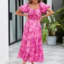 ABYOVRT Women Floral Maxi Dress Short Puff Sleeve V Neck Bohemian Flowy Dress Smocked Casual Spring Summer Dresses (Pink, M)