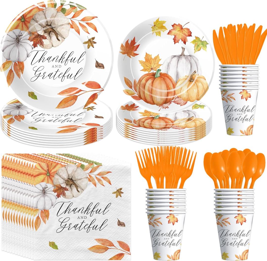 Thanksgiving Decorations Party Tableware, Fall Leaves Pumpkin Theme Thanksgiving Plates and Napkins Party Supplies Table Decorations, Paper Plate, Cup, Napkin, Disposable Cutlery, Serves 24