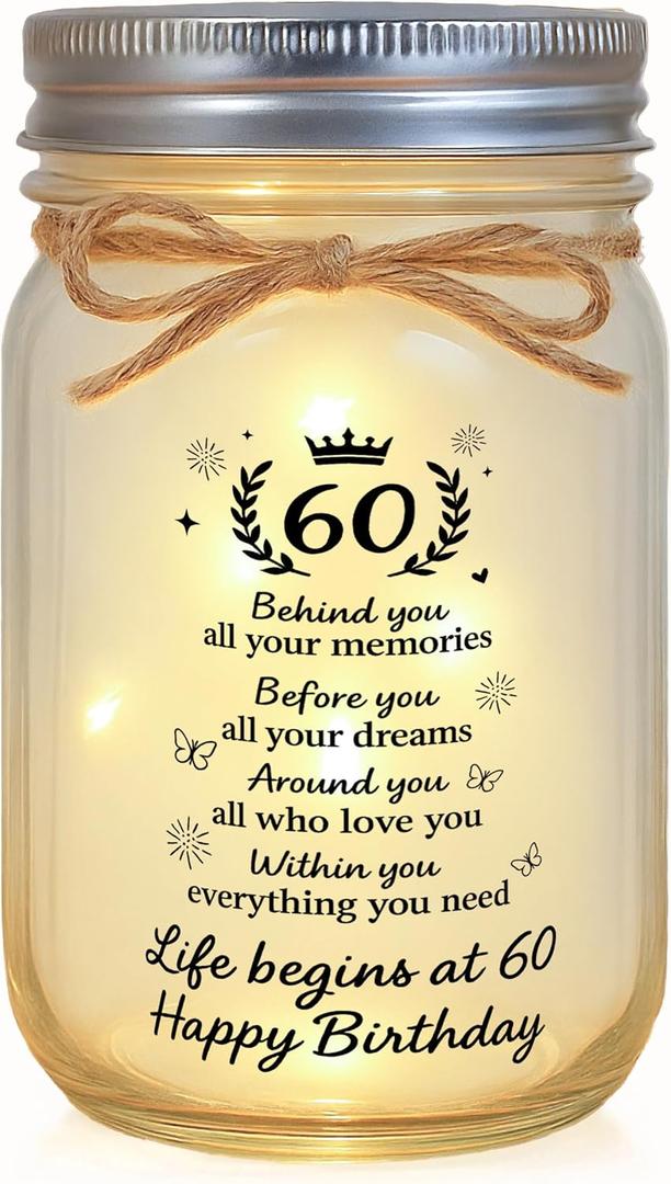 60th Birthday Gifts for Women Mom 60th Birthday Decorations for Mother Woman Decorative Jar Night Light 60 Years Old Gift