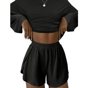 Kistore Womens 2 Piece Pajama Sets Long Sleeve Top and Shorts Sleepwear Pjs Lounge Matching Split Short Sets