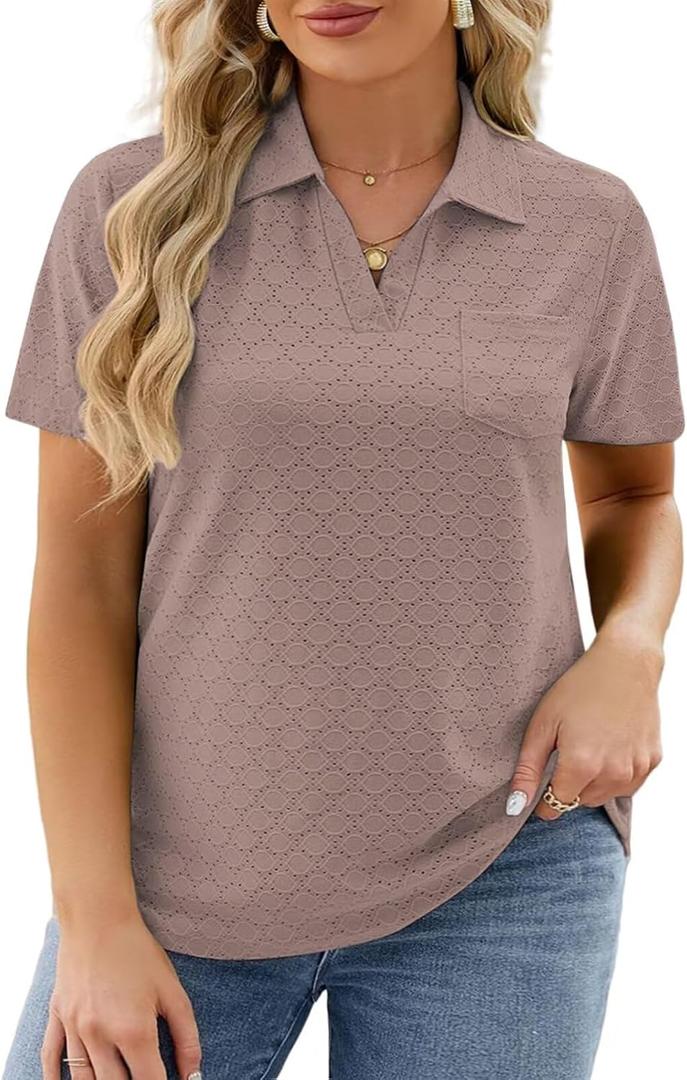 Plus Size Shirts for Women Summer Eyelet Tops Lapel Neck Tees Powder Pink, Size: 2XL Plus Size Shirts for Women Summer Eyelet Tops Lapel Neck Tees Powder Pink, Size: 2XL