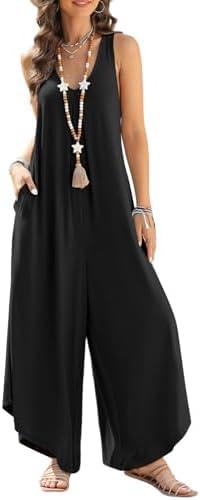 Happy Sailed Women's Jumpsuits Loose Overalls Summer Sleeveless Ruched V Neck Flared Wide Leg Pants Rompers with Pockets