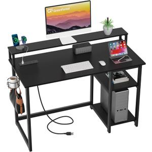 GreenForest 40 inch Computer Desk with Power Outlets, Small Home Office Desk with Ergonomic Monitor Stand, Reversible Gaming Desk, Modern Study Desk, Laptop Desk, Black