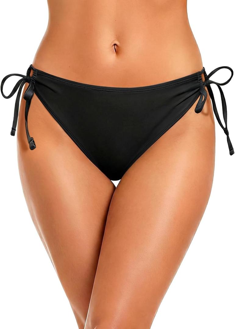 Zmart String Tie Side Bikini Bottoms - Women Full Coverage Swimsuit Bottom Mid Rise Mid Waist Swim Bathing Suit Bottom (Large, Black)