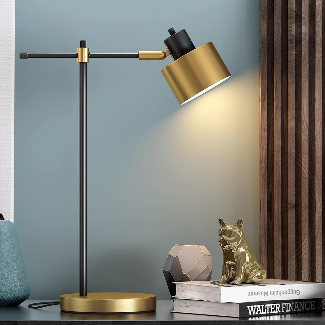 OYEARS 22.2 Modern Industrial Desk Lamp for Reading LED Metal Table Lamp Light for Office Bedroom Study Room Living Room Nightstand Bedside Lamps Gold and Matte Black Accent Finish (Bulb Included)
