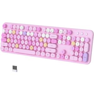 Colorful Wireless Bluetooth Keyboard, 2.4G & Dual Bluetooth Multi-Device, Typewriter Retro Round Keycaps 104 Keys Full-Size for PC Laptop Tablet Phone (Pink-Colorful)
