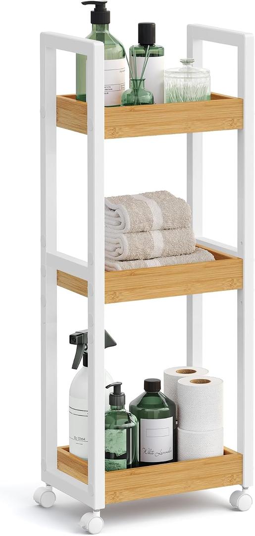 SONGMICS Bamboo Rolling Cart, 3-Tier Utility Cart on Wheels, Slim Narrow Storage Shelf, Bamboo Shelves, Space-Saving, Multifunctional, for Bathroom, Kitchen, White and Natural UBCB083N02