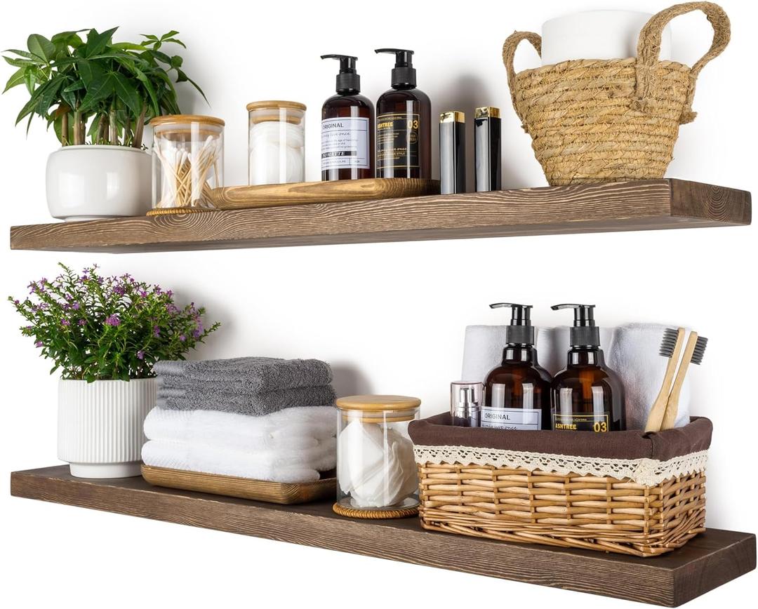 BGMG Wood Floating Shelves 36 inch, Wide Rustic Wooden Wall Shelves for Bathroom Living Room Bedroom Kitchen Farmhouse Set of 2-36x 6.7 x1.25 inch- Walnut Color