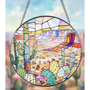 Stained Glass Window Hanging Suncatchers with Desert Cactus 12.6", Vibrant Glass Panel with Metal Chain for Home Decor Gift for Women Mother's Day, Birthday, Men, and Mom