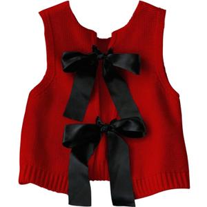 GORGLITTER Women's Bow Crop Tank Tops Cute Summer Vacation Going Out Outfits Tie Backless Sleeveless Knit Vest Tops (Large, Red and Black)