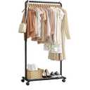Sakugi Clothes Rack - Clothing Rack with Storage Mesh Shelf & Casters, Heavy-Duty Metal Clothing Rack for Hanging Clothes, Dresses, Coats, Large Load Capacity, Easy Assembly, Black, 28.0"x16.9"x59.0"