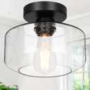 Industrial Semi Flush Mount Ceiling Light, 800 Lumen LED Bulb Included, Seeded Glass Shade Farmhouse Light Fixture for Hallway Corridor Kitchen Bathroom Bedroom Passway(Large, Black)