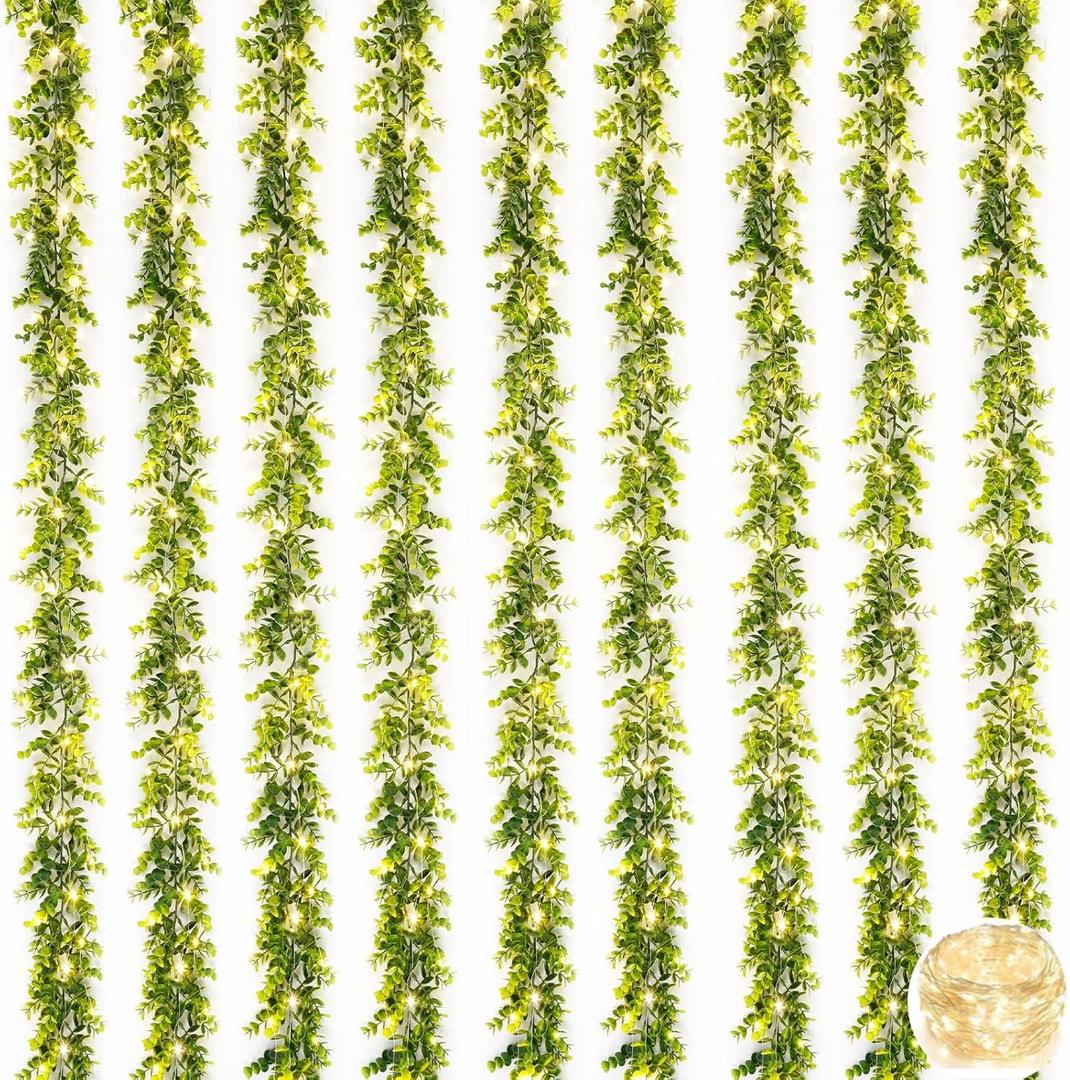 BLEUM CADE 9 Pack Eucalyptus Garland with Lights, 5.9 Ft/pcs Artificial Greenery Garland Fake Hanging Eucalyptus Vines Garland Decor for Wedding Backdrop Arch Party Home Table Decoration(Grey Green)