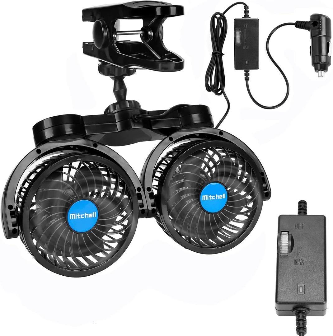 12V Car Clip Fans, Adjustable Dual Head Clip Fan 360 Rotatable Cooling Air Fan, 4'' Electric Auto Car Fans with Cigarette Lighter Plug for Vehicles, RV, SUV