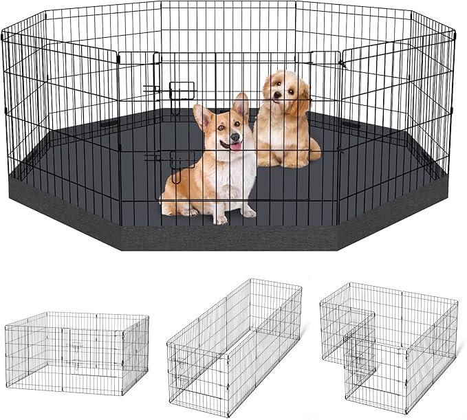 Puppy Pet Playpen 8 Panel 24 Inch Indoor Outdoor Metal Portable Folding Animal Exercise Dog Fence Ideal for Pet Animals Dog Cat Rabbit Breed Puppy with Bottom Pad (Black with Bottom Pad)
