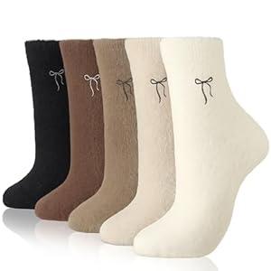 Geyoga 5 Pairs Women's Fuzzy Socks Christmas Winter Gift Soft Slipper Sock Coquette Stuff Fluffy Thick Spa Home Sleeping(Neutral, Bow)