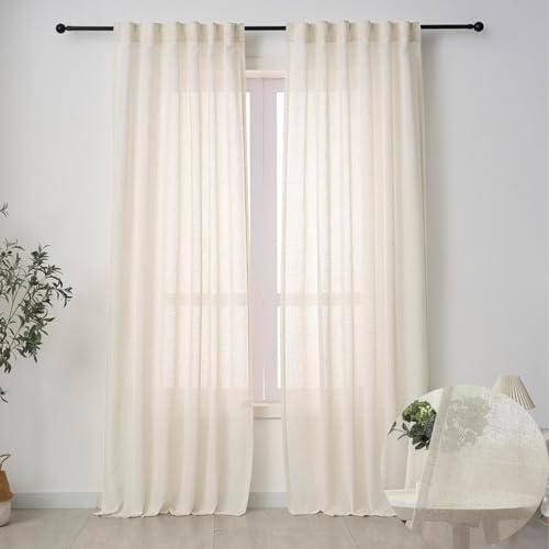 Ftinala Neutral Linen Curtains 108 Inches Extra Long, 2 Panels Set, Cream Beige Farmhouse Drapes for Living Room, Sliding Glass Door Curtain, Back Tab & Rod Pocket With Tying Ropes