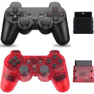 Burcica Wireless Controller for PS-2 Play 2 Double Vibration 2 - Black and ClearRed