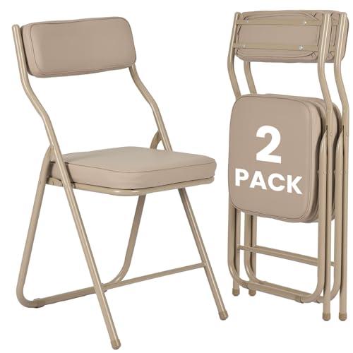 susici 2 Pack Padded Folding Chairs with Cushion, Foldable Dining Chair Set Portable Indoor Outdoor Stackable Folding Chairs with Steel Frame for Home Office Events Wedding Party Khaki