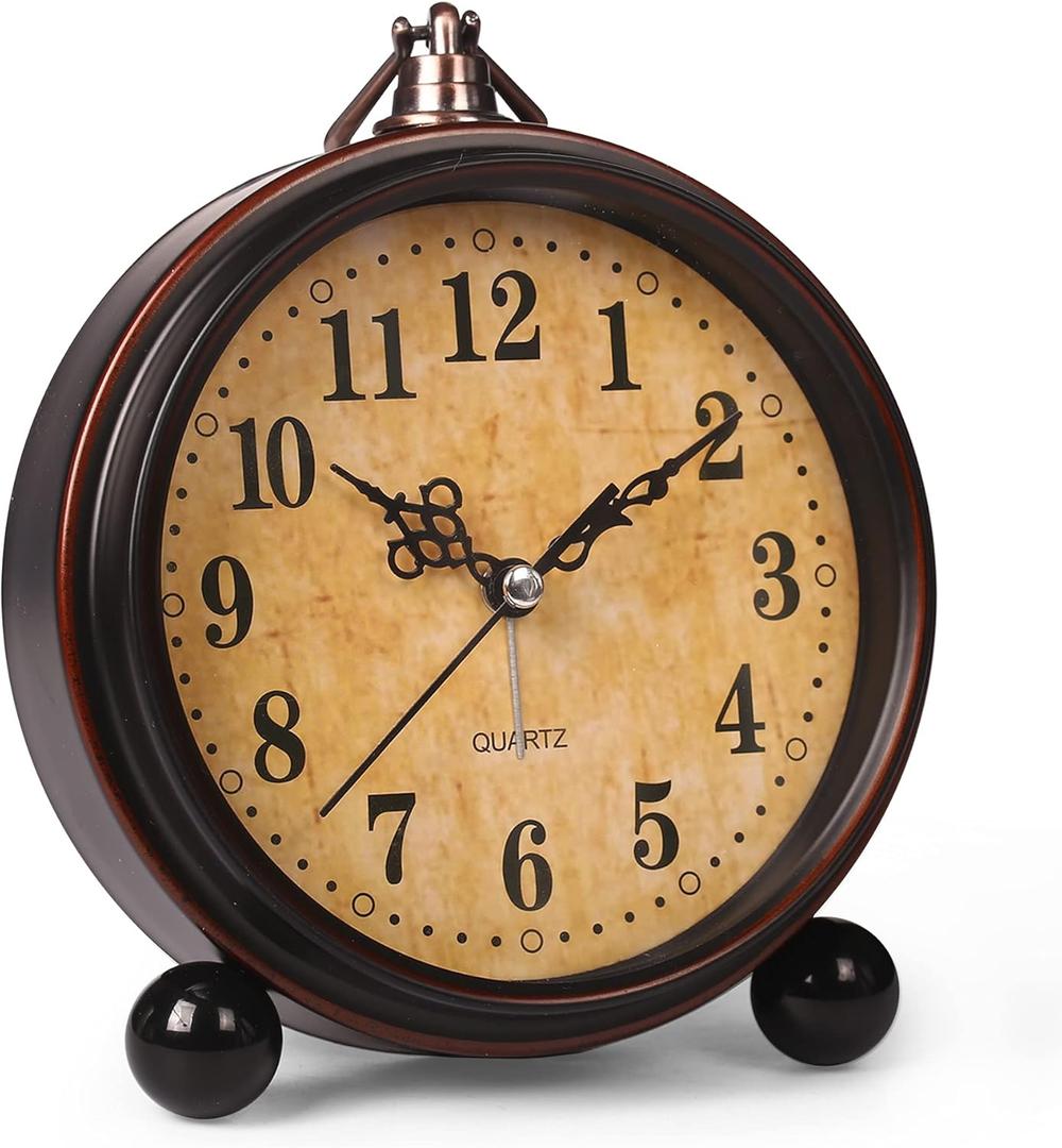 Battery Alarm Clock,Night Light,Vintage Hangable Super Silent Non Ticking Analog Table Clock for Bedroom Bedside, Desk,Shelf (Arabic- Latte)