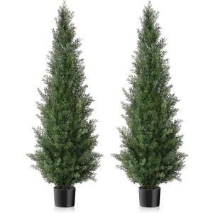 Set of 2 Pre-Potted 5 Feet Faux Cedar Tree, Lifelike UV Protected Front Door Decor, Porch, Garden, Entryway Topiary, Indoor/Outdoor Use - Ready to Display