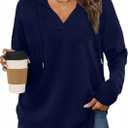 Eytino Plus Size Sweatshirts for Women Long Sleeve V Neck Drawstring Pullover Hoodies Tops(5X) (Dark Blue)