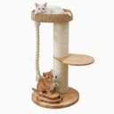 28.5in Wooden Cat Tree for Large Cats, Modern Cat Tower | Solid Wood Cat Condo, with Thick Scratching Post, with Handwoven Basket, with Sisal Rope and Feather Toy, for Indoor Cats