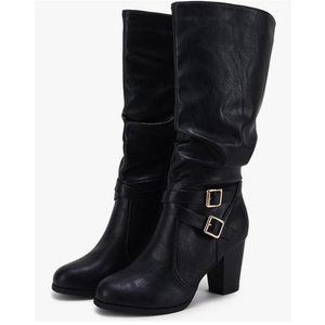 Ermonn Womens Mid Knee High Boots Chunky Heel Slouchy Metal Buckle Side Zipper Fashion Winter Shoes, Size 7.5