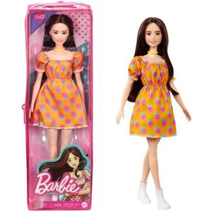 Barbie Fashionistas Doll #160 with Long Brunette Hair Wearing Patterned Orange Dress, White Shoes & Yellow Choker, Toy for Kids 3 to 8 Years Old