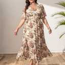 EYWOL Plus Size Wedding Guest Dresses for Women Floral Chiffon Flowy V Neck Maxi Dress with Detachable Tie Smocked Back (Beige)