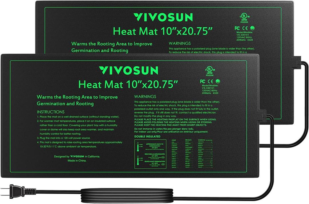 VIVOSUN 2 Pack Durable Waterproof Seedling Heat Mat 10" x 20.75" UL & MET-Certified Warm Hydroponic Heating Pad for Germination, Indoor Gardening, Greenhouse (10"x20.75")