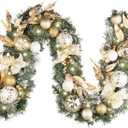 Valery Madelyn 6 Feet Pre-Lit Christmas Garland with Light for Mantle, Lighted Outdoor Xmas Garland with White Gold Ball Ribbon for Home Stairs Fireplace Table Centerpiece Indoor Holiday Party Decor