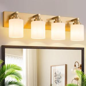 Vanity Lights for Bathroom, 4-Light Brushed Gold Bathroom Vanity Light Over Mirror with Milky White Glass Shades, Modern Bathroom Light Fixtures for Living Room Hallway Cabinet (Bulbs Not Included)