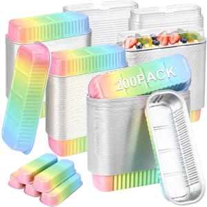 Qunclay 200 Pcs Aluminum Foil Mini Loaf Pans with Lids 6.8 oz Disposable Mini Cake Pan with Lid Rectangle Baking Cups for Party Muffin Cheesecake Ramekins(Rainbow)